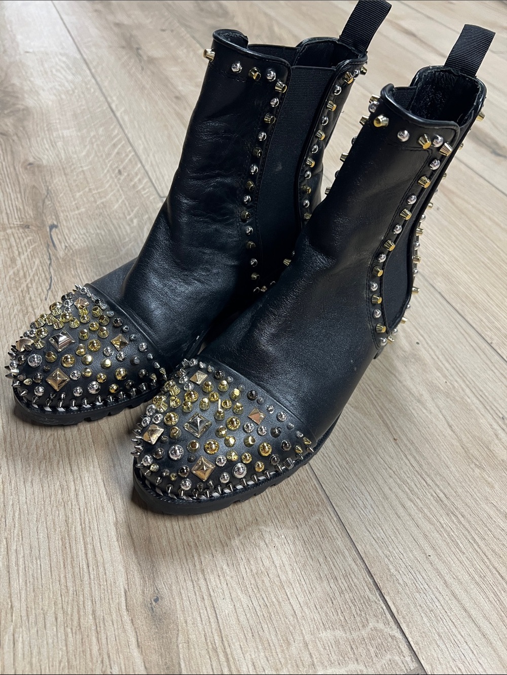 Christian Louboutin Black Leather Studded Chelsea Booties